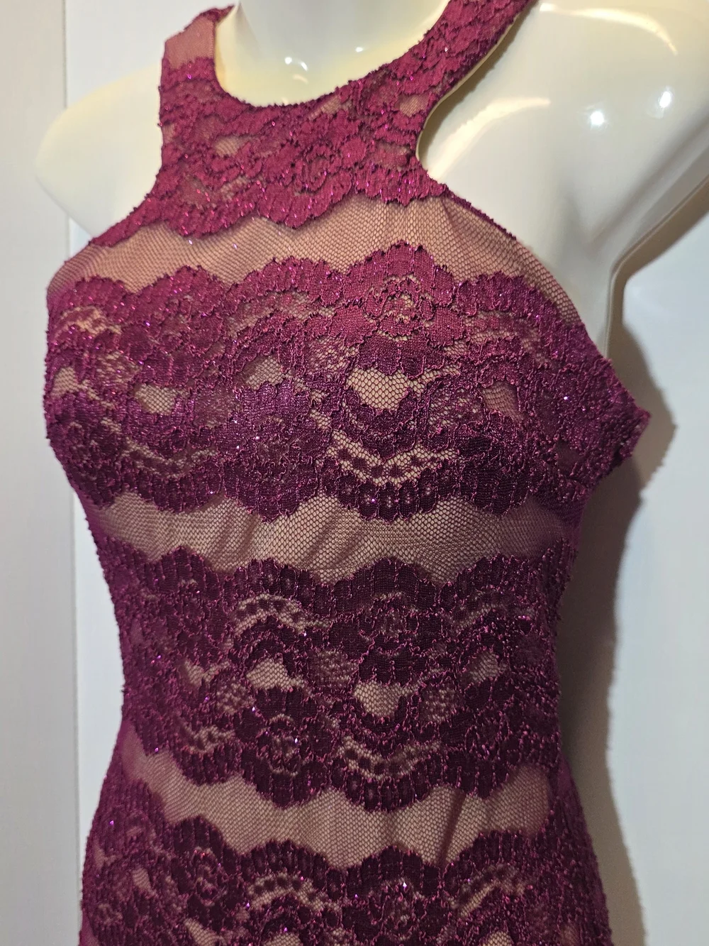 Sheer Lace Halter Chemise - Deep Berry
